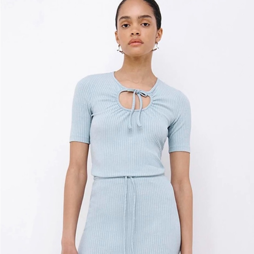 Jonathan Simkhai light blue ribbed short-sleeve top with a cut-out tie detail